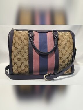 Gucci GG Canvas Web Boston Bag Mauve Purple Stripe Crossbody Top-Handle Rare